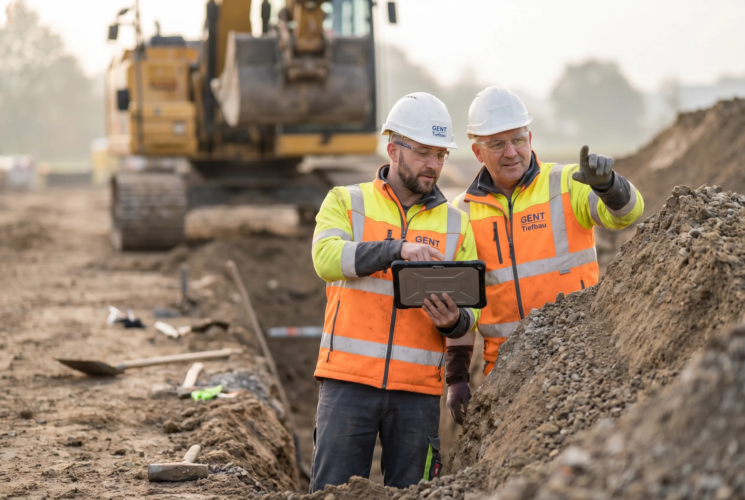Bauleiter auf einer Kanalbaustelle mit Baggern und Erdarbeiten
