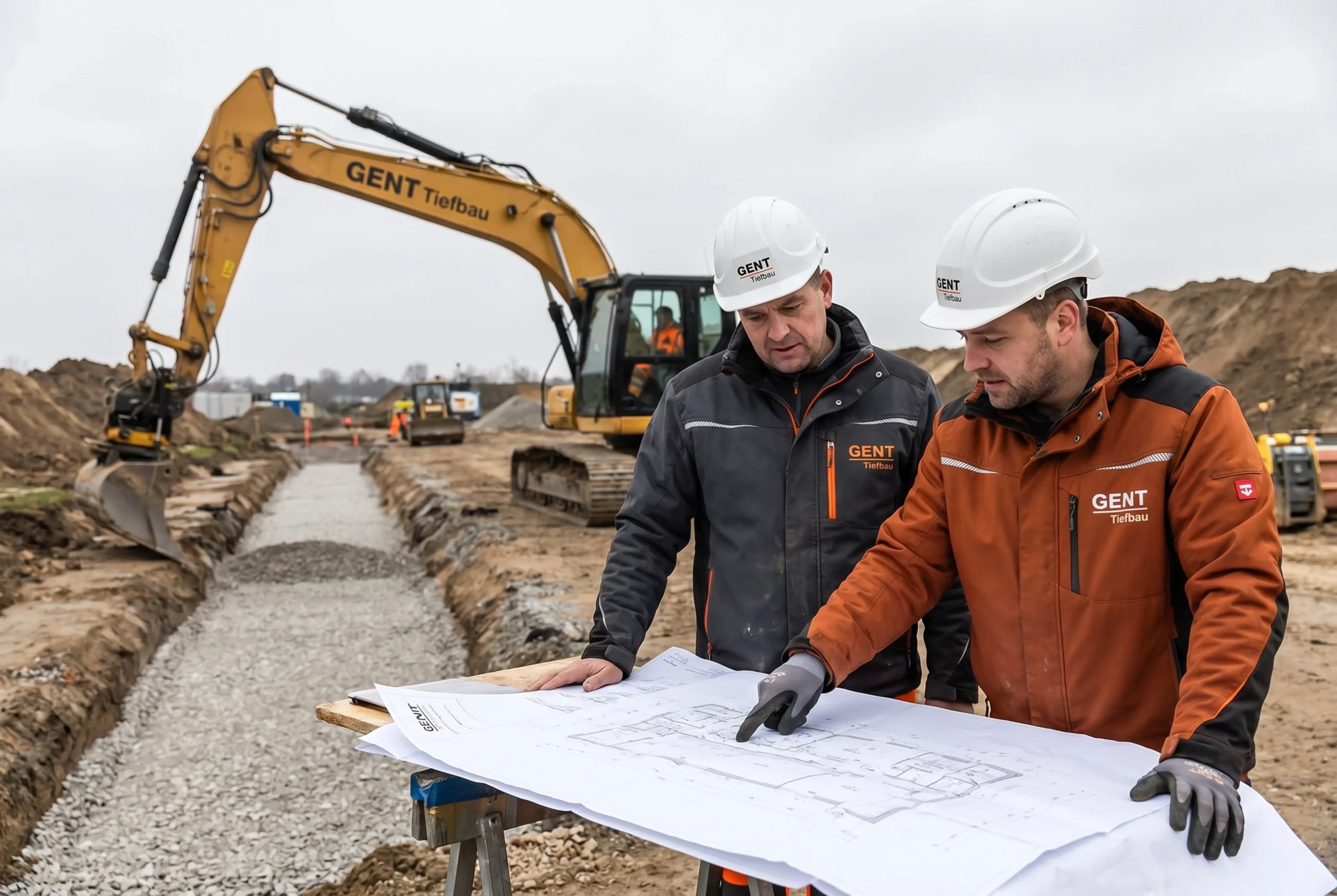 Bauleiter von Gent Tiefbau bei der Besprechung von Erdarbeiten auf einer Baustelle
