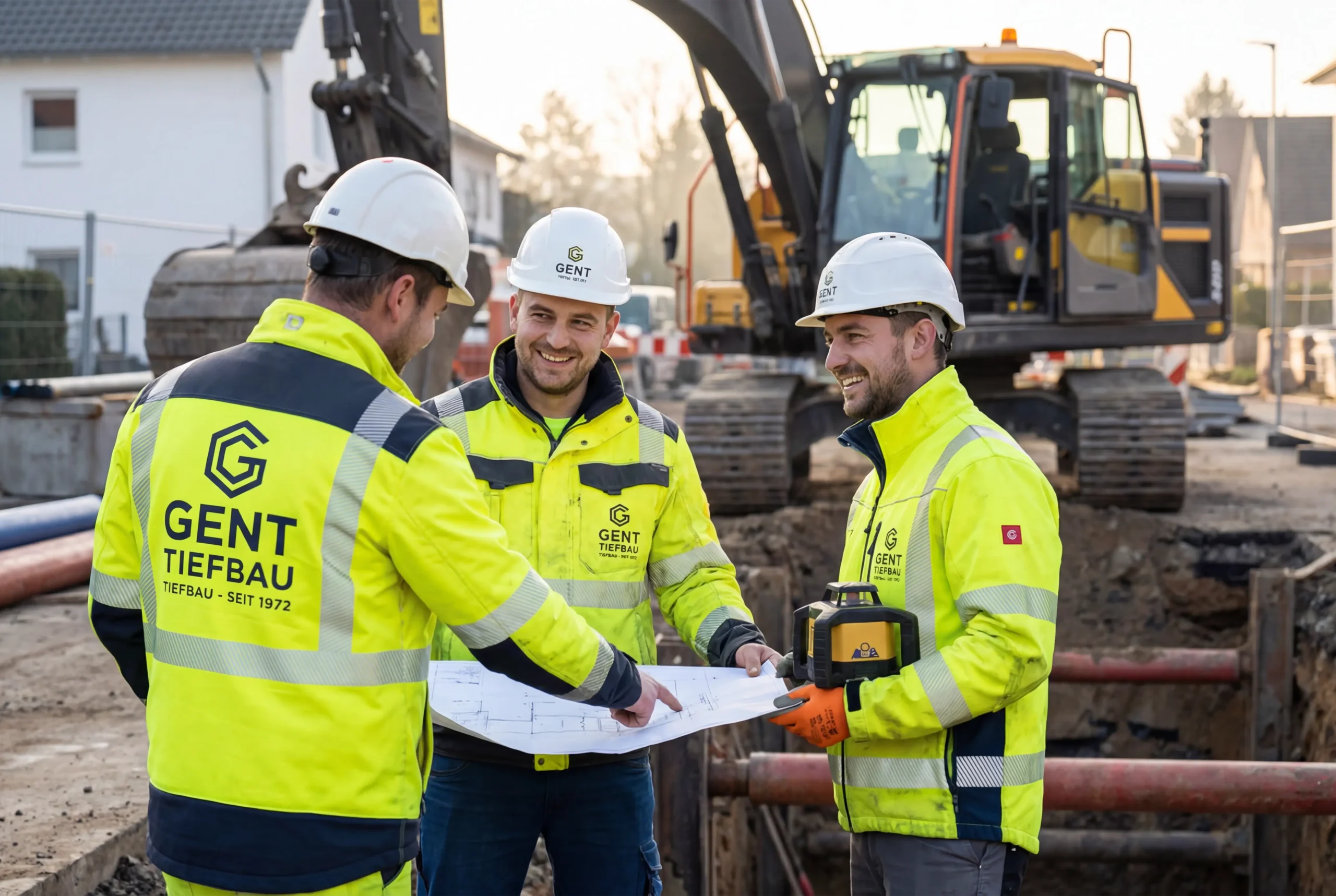 Gent Tiefbau Mitarbeiter bei der Planung von Bauarbeiten auf einer Baustelle