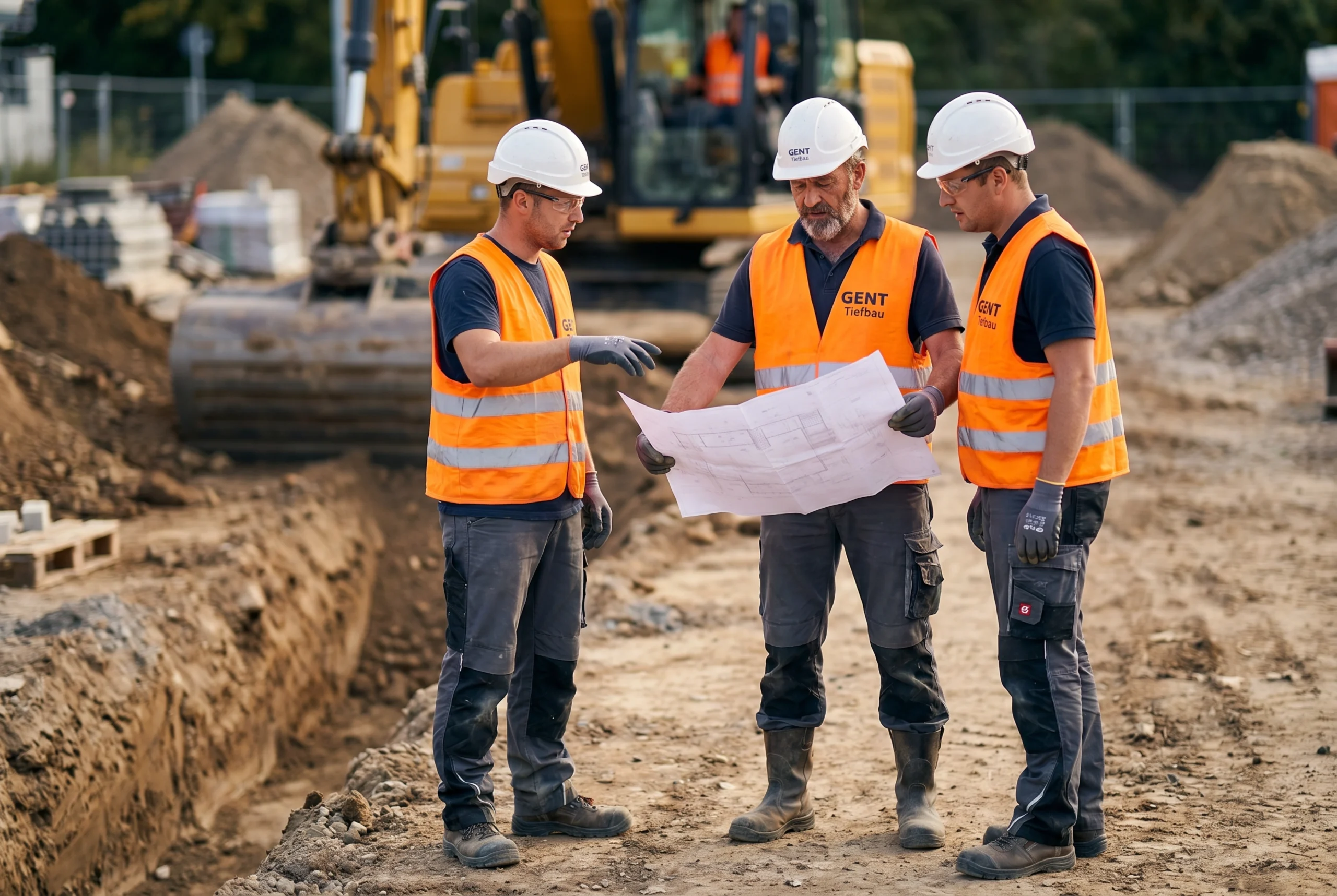 Fachkräfte bei der Planung von Kanalbau und Entwässerungsarbeiten