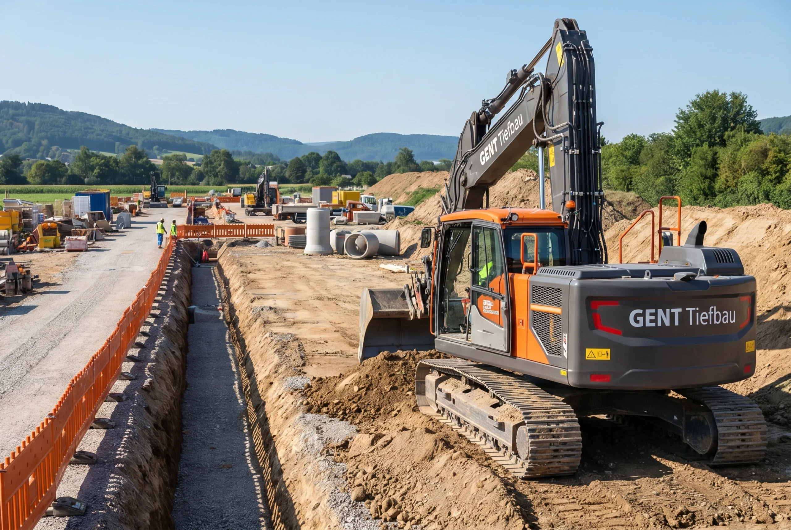 Kanalbauarbeiten mit Rohrverlegung auf einer Baustelle